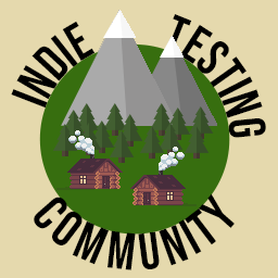The words Indie Testing Community arranged around a dark green circle. Inside the circle there is a forest of pine trees in front of two snow-capped mountains, with two log cabins in the foreground.